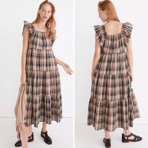 NEW Madewell Flutter-Sleeve Tiered Midi Dress in Plaid, M